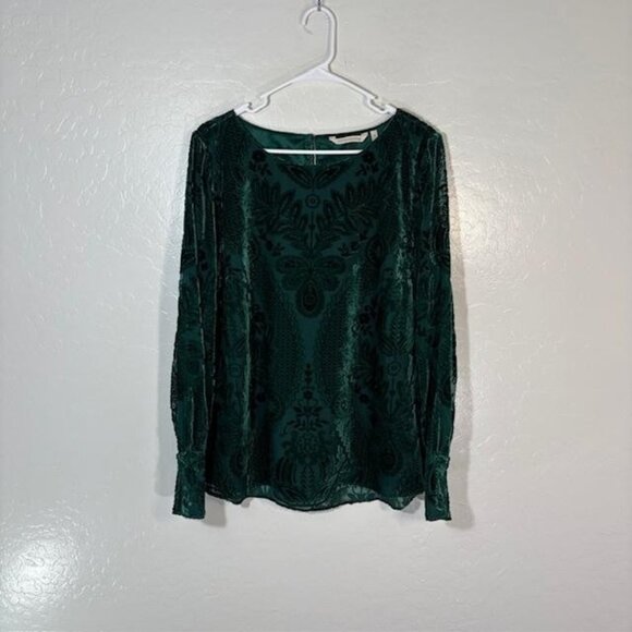 Soft Surroundings Blouse Womens XL Green Burnout Velvet Long Sleeve Boho 2F932 - Picture 1 of 8
